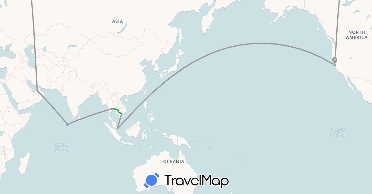 TravelMap itinerary: driving, bus, plane, boat in United Arab Emirates, Cambodia, Sri Lanka, Maldives, Singapore, Thailand, United States, Vietnam (Asia, North America)